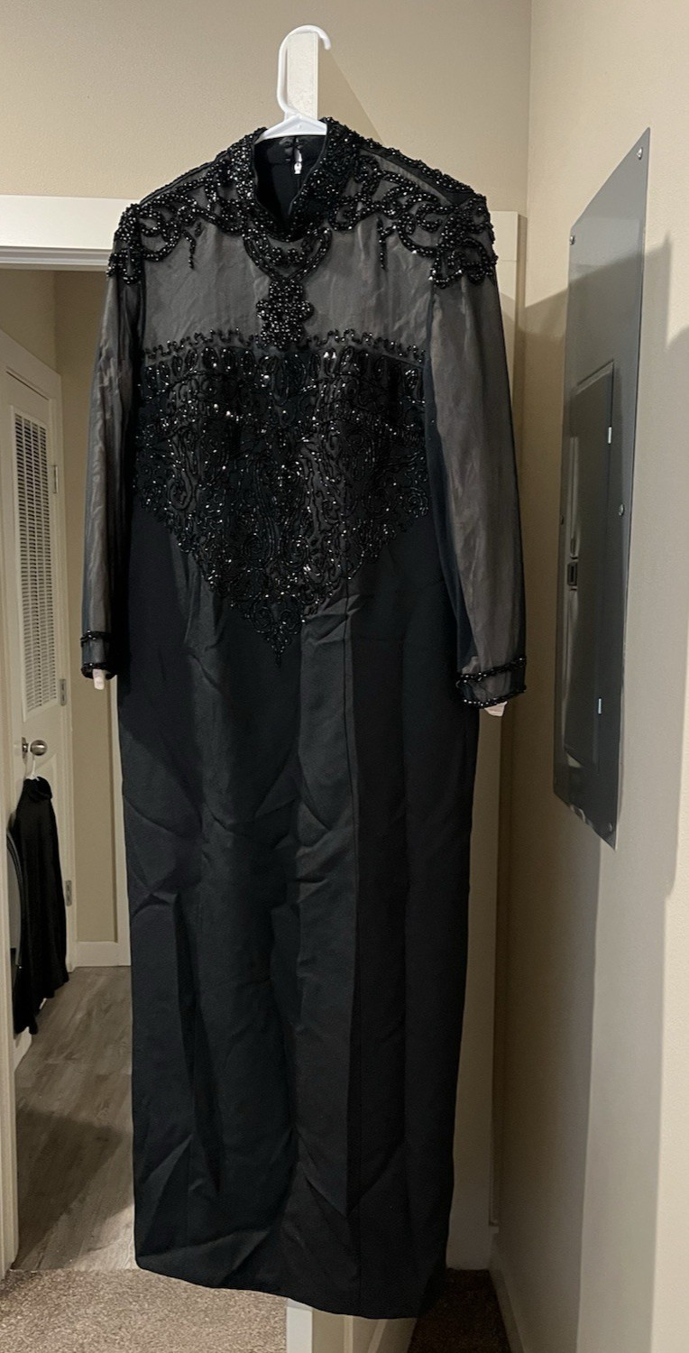 Vintage Gothic Woman’s Black Sheer Long Sleeve Beaded Rhinestone Dress Size N/A