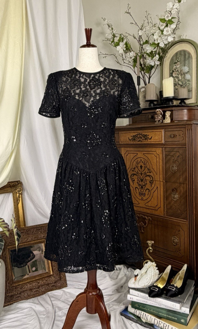 RARE True Vintage 80s Morton Myles Black Lace Sequin Cocktail Dress Prom Size 6