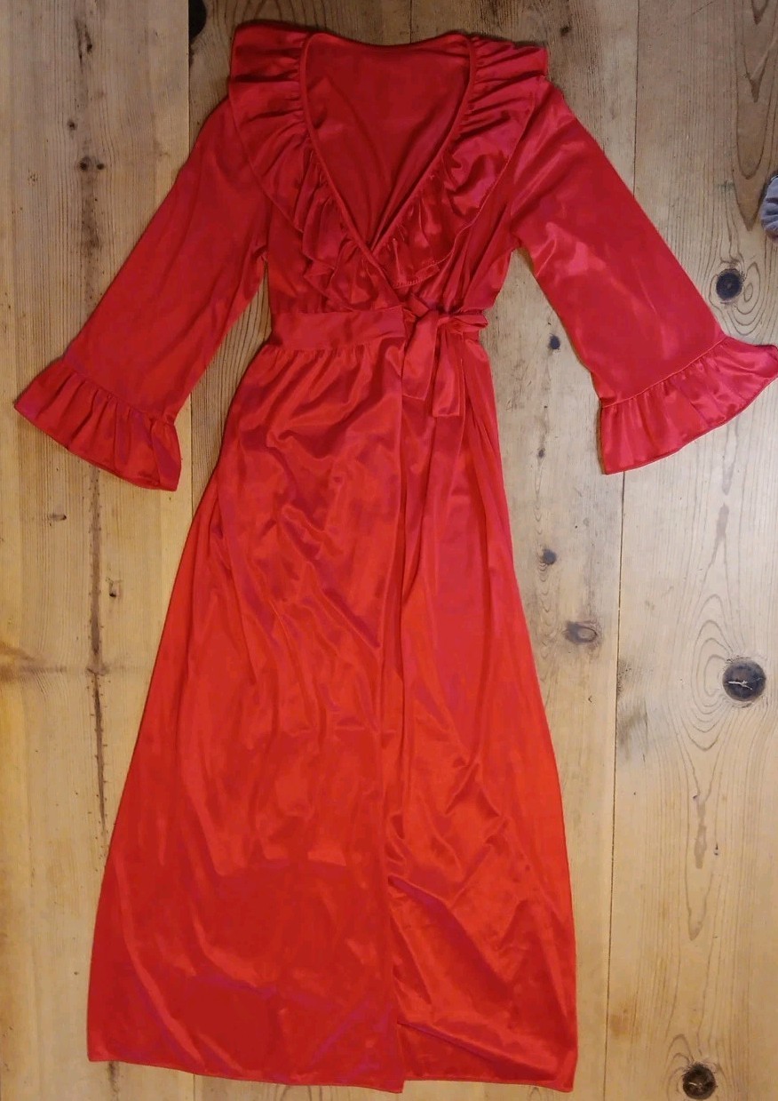 Vtg Texsheen Maxi Nightgown S Pegnoir Red Nylon Ruffle Tie Gown Robe Elegant