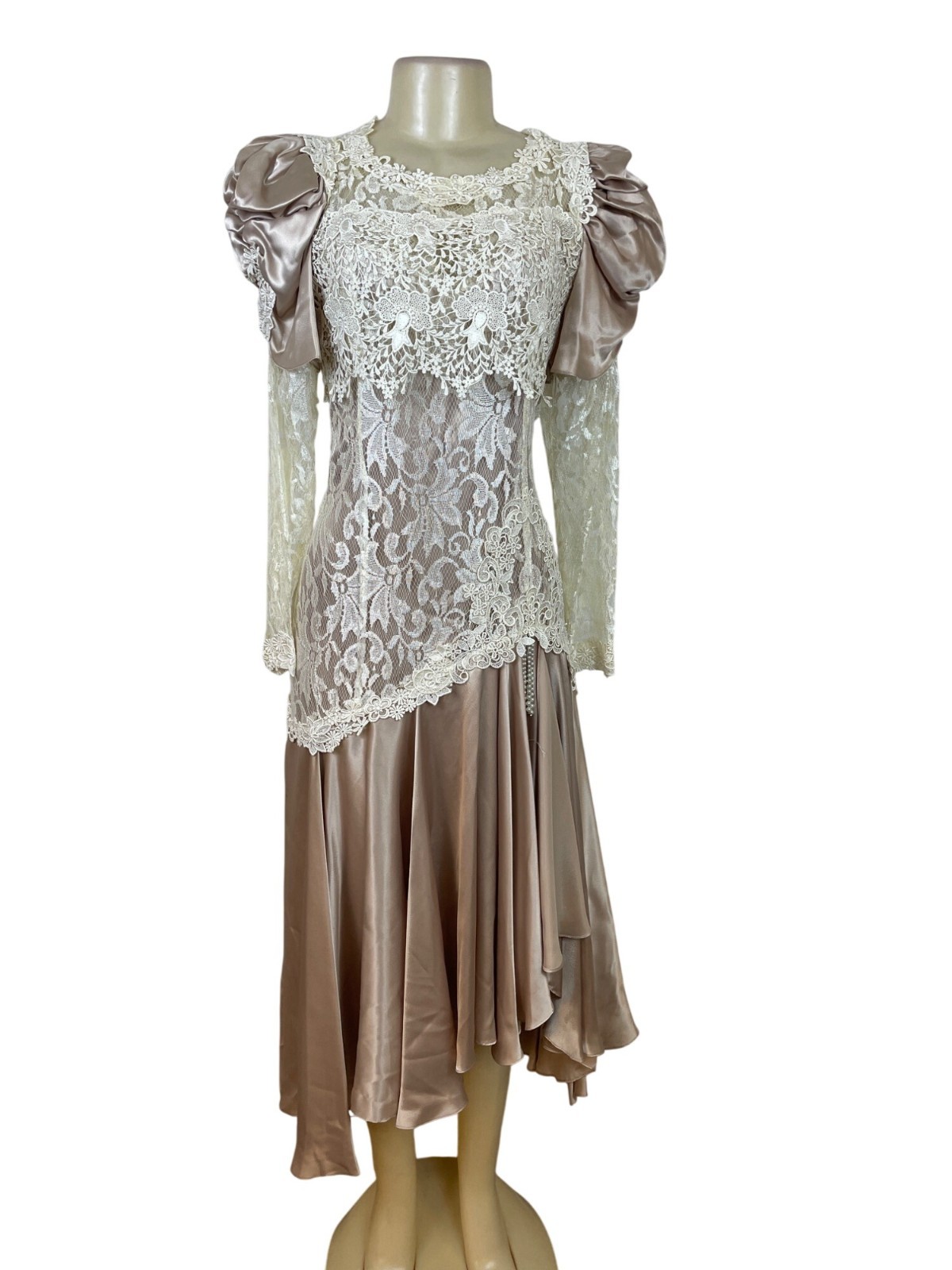 Vintage Cachet Women’s Beige & Ivory Lace Satin Puff Sleeve Midi Dress