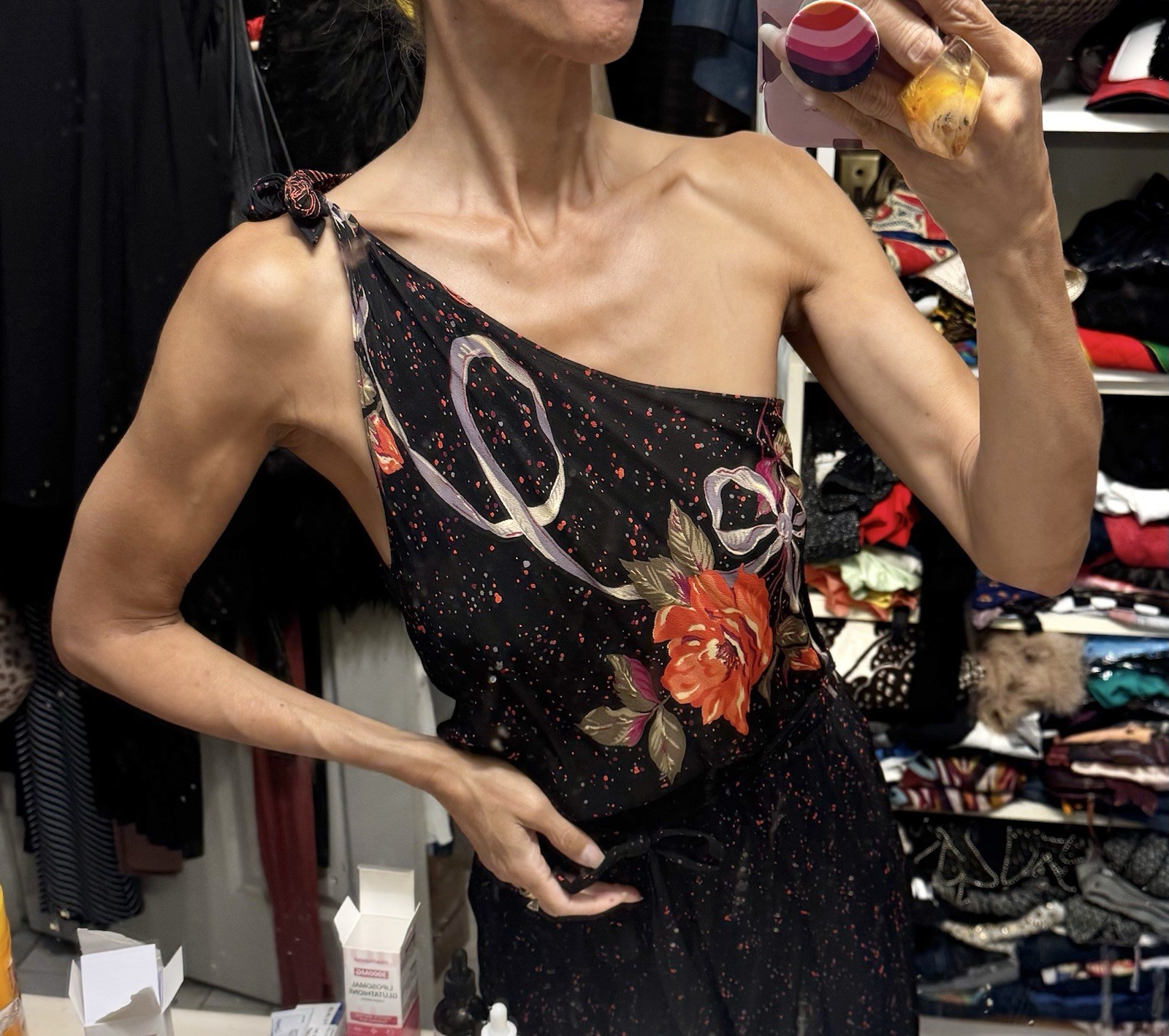 Vtg One Shoulder Blouson Dress 70s Studio 54 Disco Slit Floral S XS