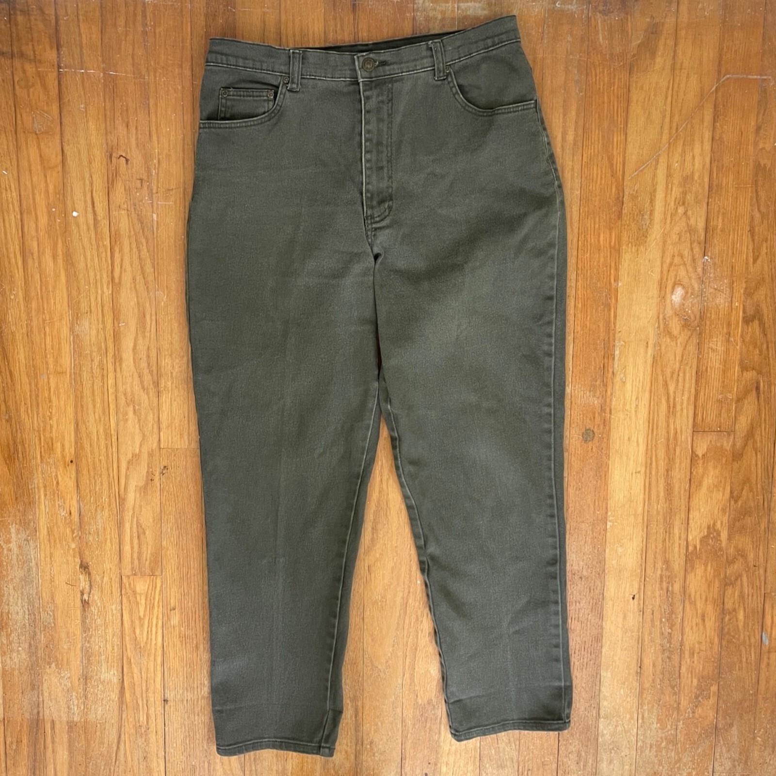 Vintage High Waist Jeans Size Large 33&Prime; Waist 1990s Faded Olive Green Denim