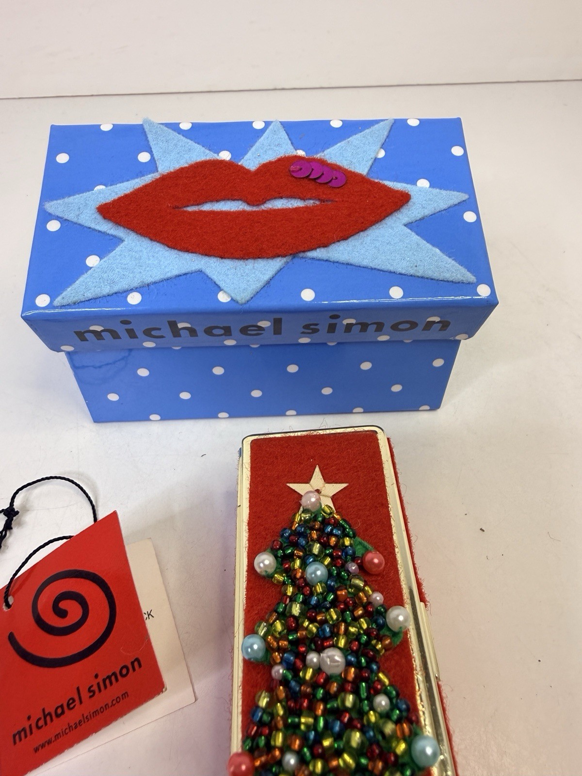 RARE Michael Simon Christmas Lipstick Case Ugly Sweater Style Beaded Sequins