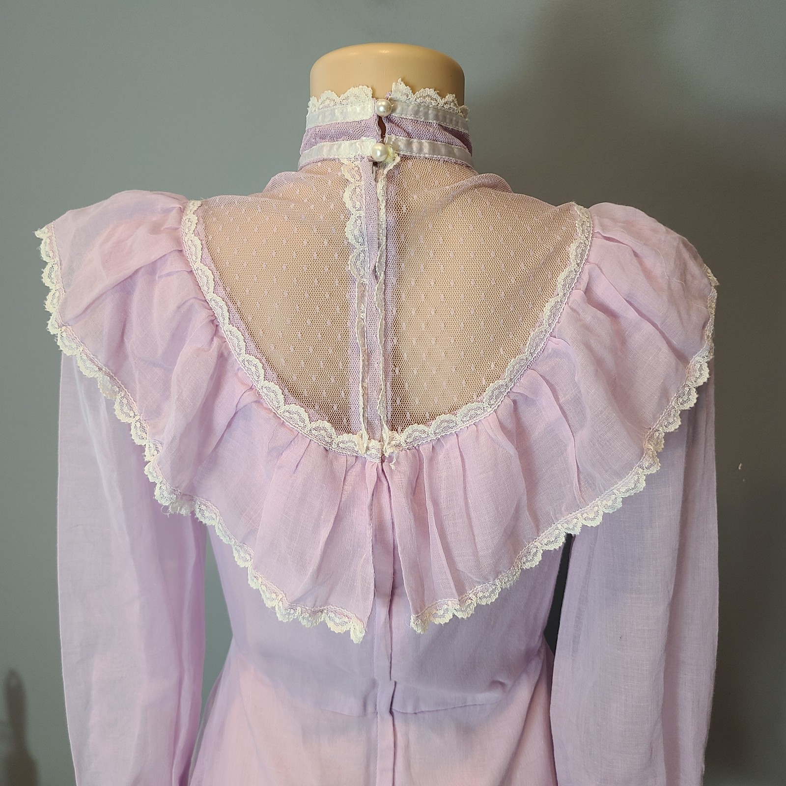Vtg 70s Prairie Victorian Maxi Dress Sz Small Lavender Lace Flare Sleeve Fairy