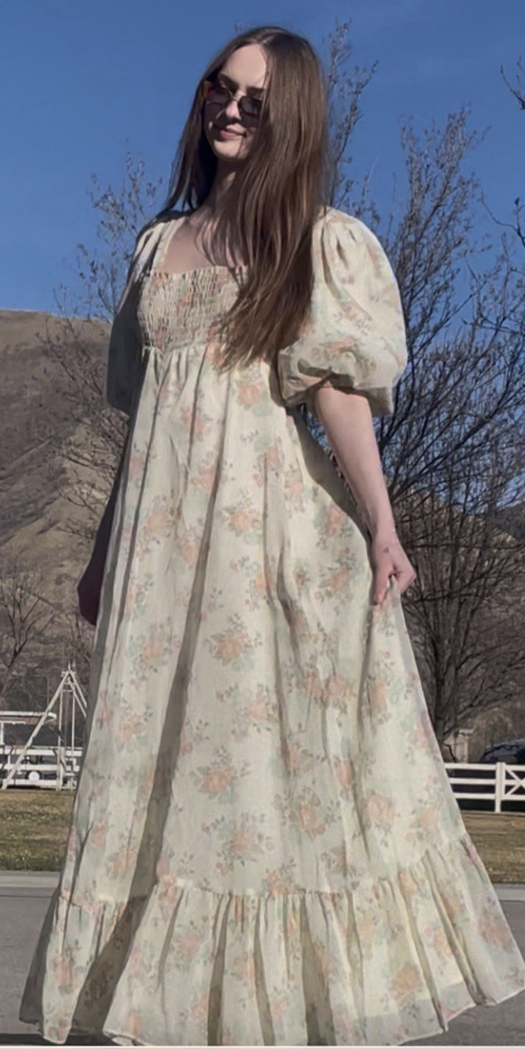 Vintage 70s Phase II California Prarie Floral Boho Sax Style Maxi Dress Sz 11