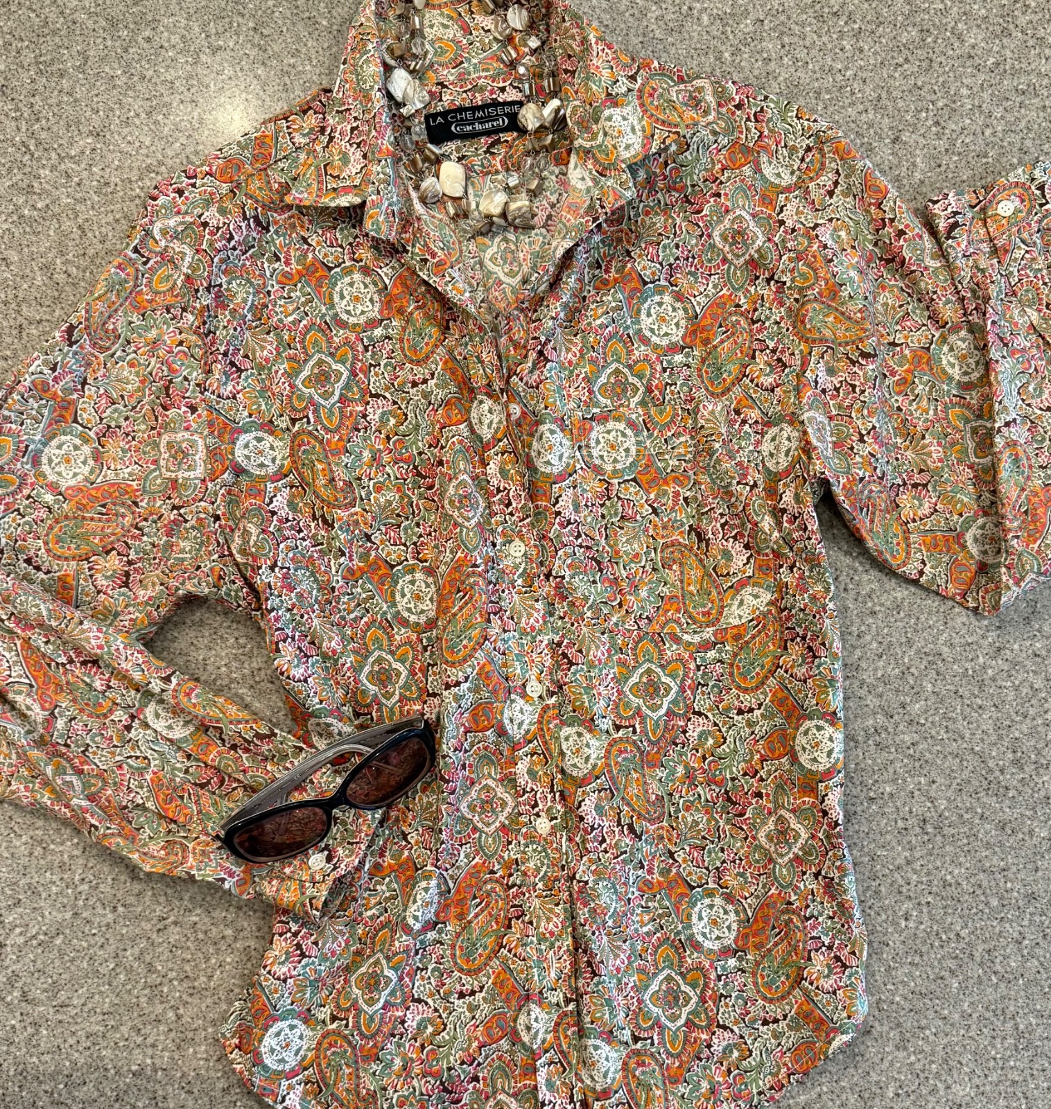 CACHAREL LA CHEMISERIE France Vtg &rsquo;70s Floral/Paisley Long Slv Cotton Blouse S/M