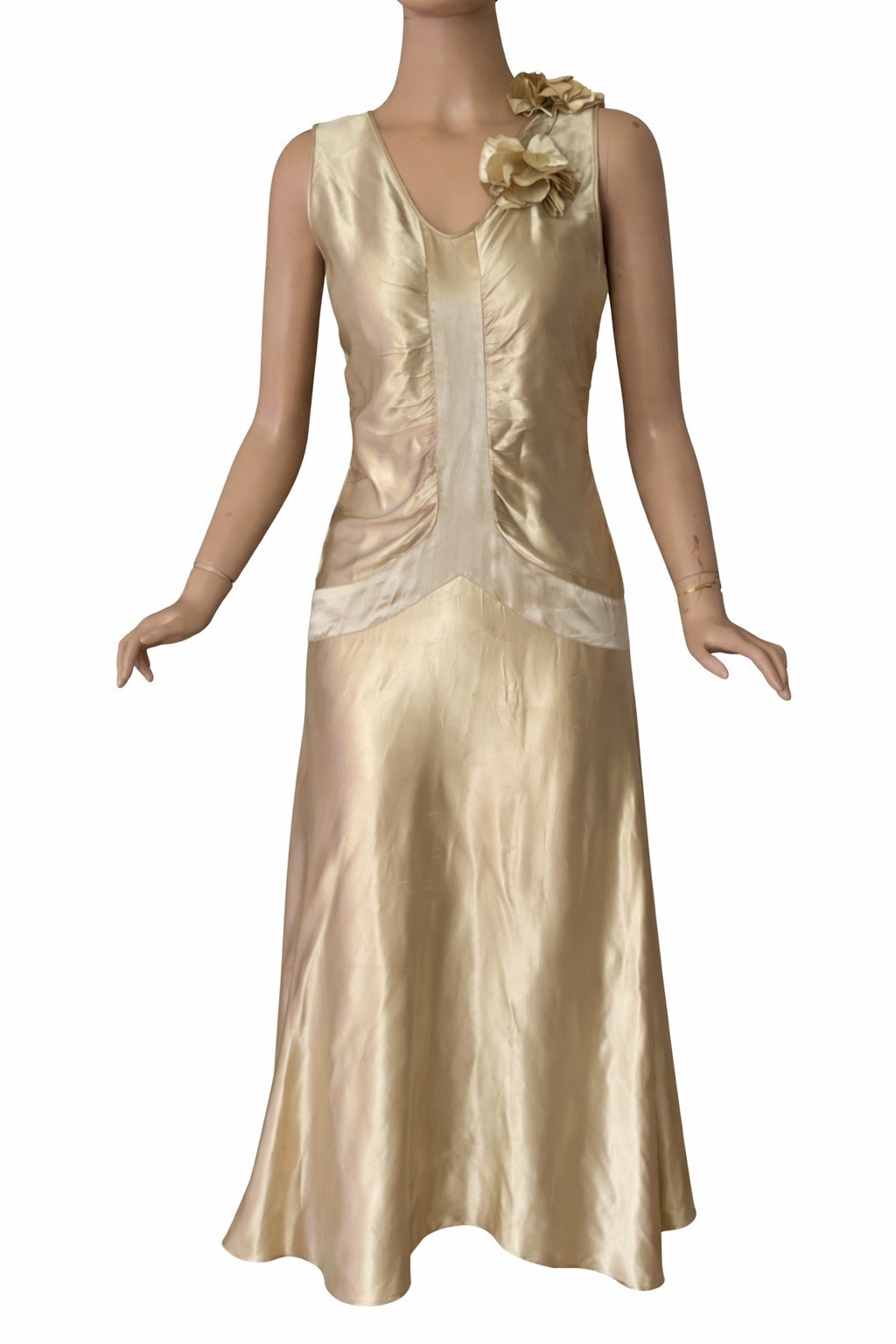 Vintage 30s Liquid Satin Champagne Charmeuse Gown Bias Look Floral Appliqué S/M