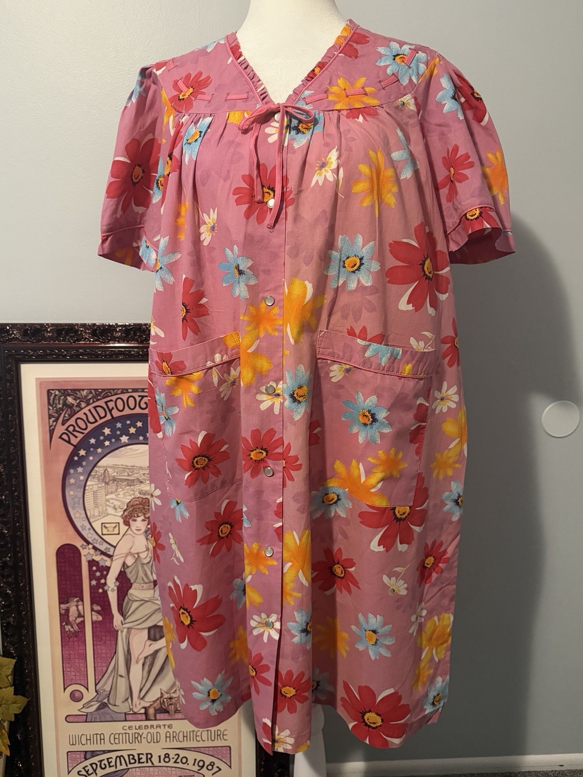 Y2K Moon Dance Retro-Inspired Floral House Dress Housecoat Grandma-Chic Sz L
