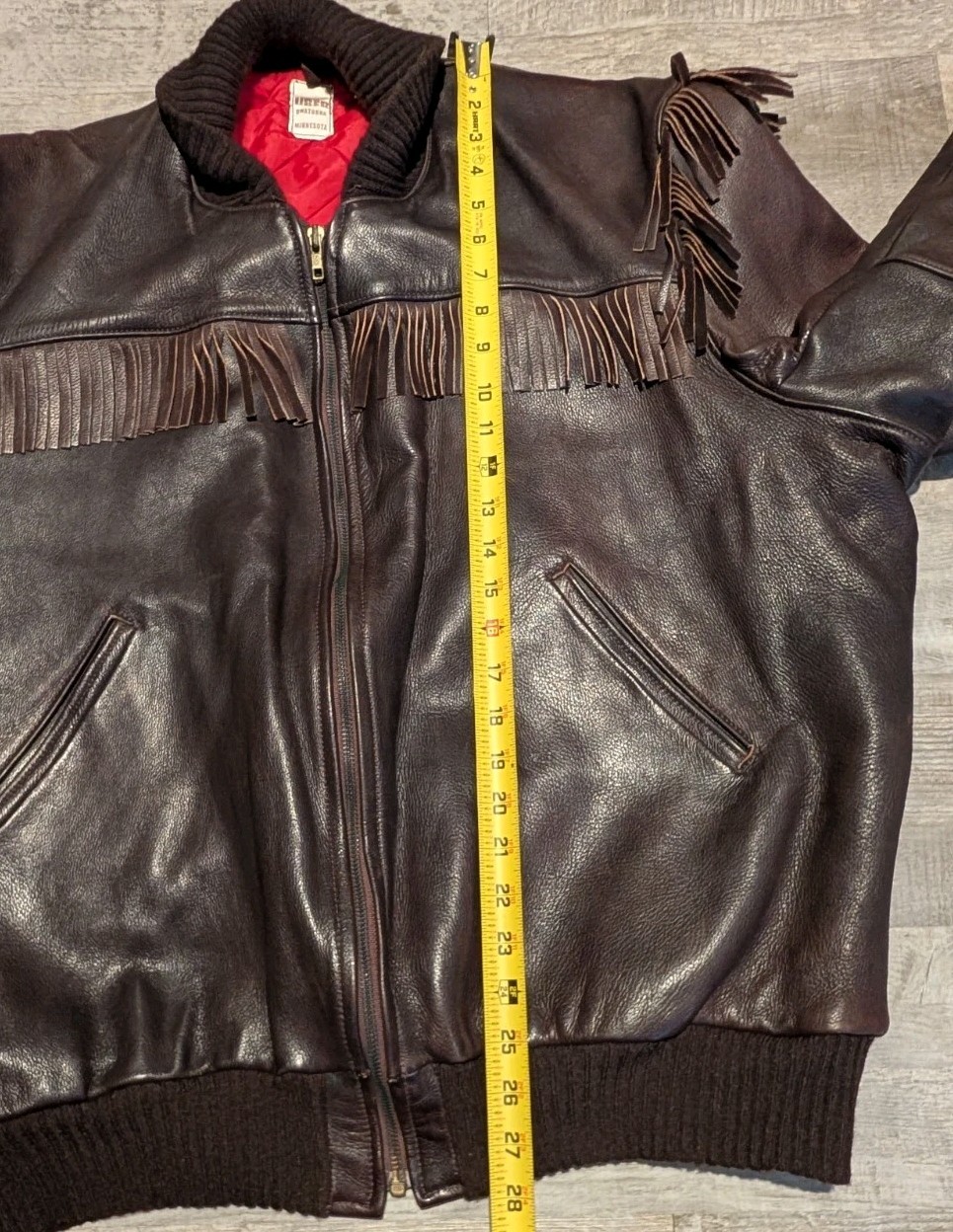 Vtg UBER Fringed Genuine Leather Bomber Jacket Minnesota USA XL 2XL Quilt Lined