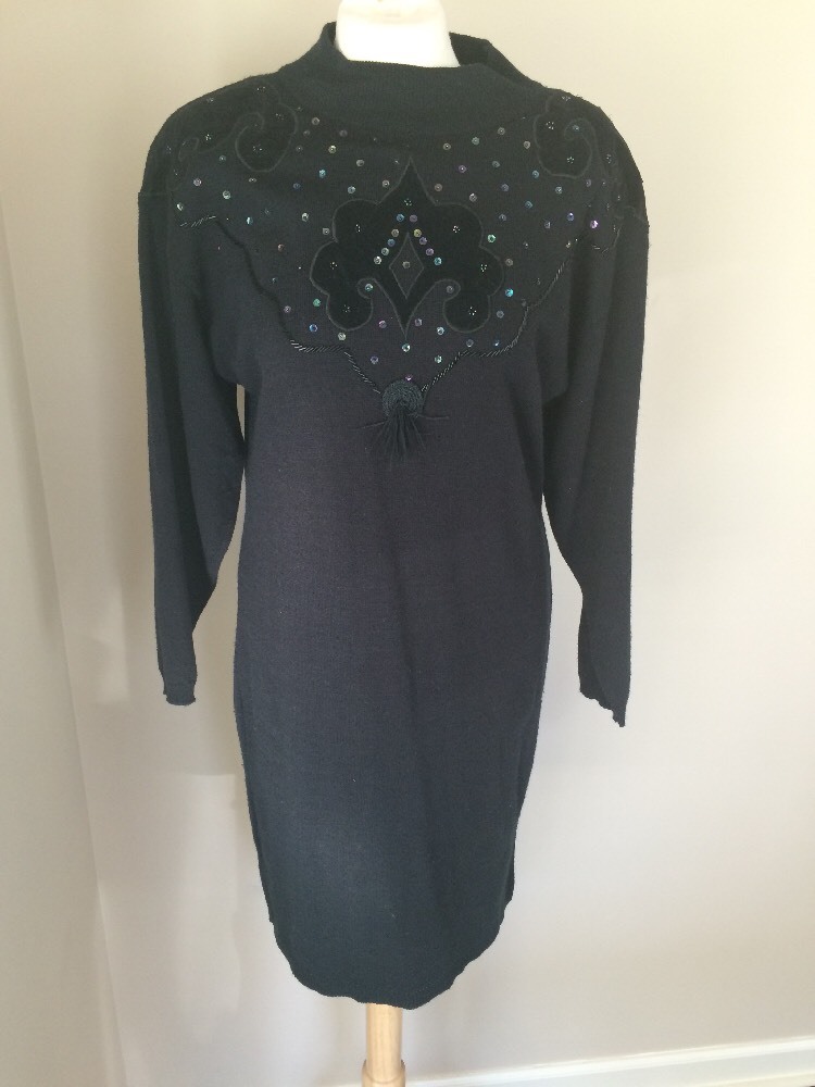 Vintage 80s A&rsquo;Milano Black Sweater Dress Sequins Tassel Faux Suede Sz L