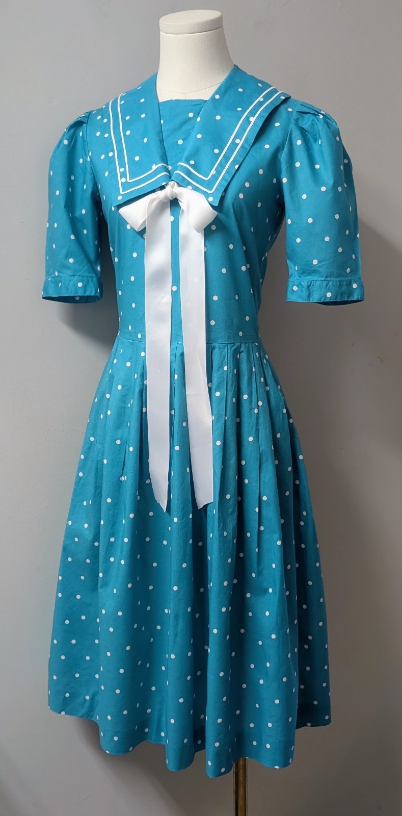 Vintage 80&rsquo;s Laura Ashley Aqua Sailor White Polka Dot Dress Pockets GB US 6 S