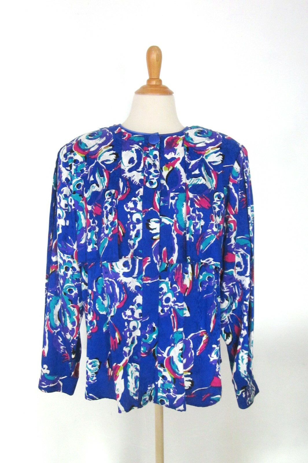 Vintage 80s Flora Kung II Silk Blouse 14 Big Shoulder Pads Cobalt Blue Floral