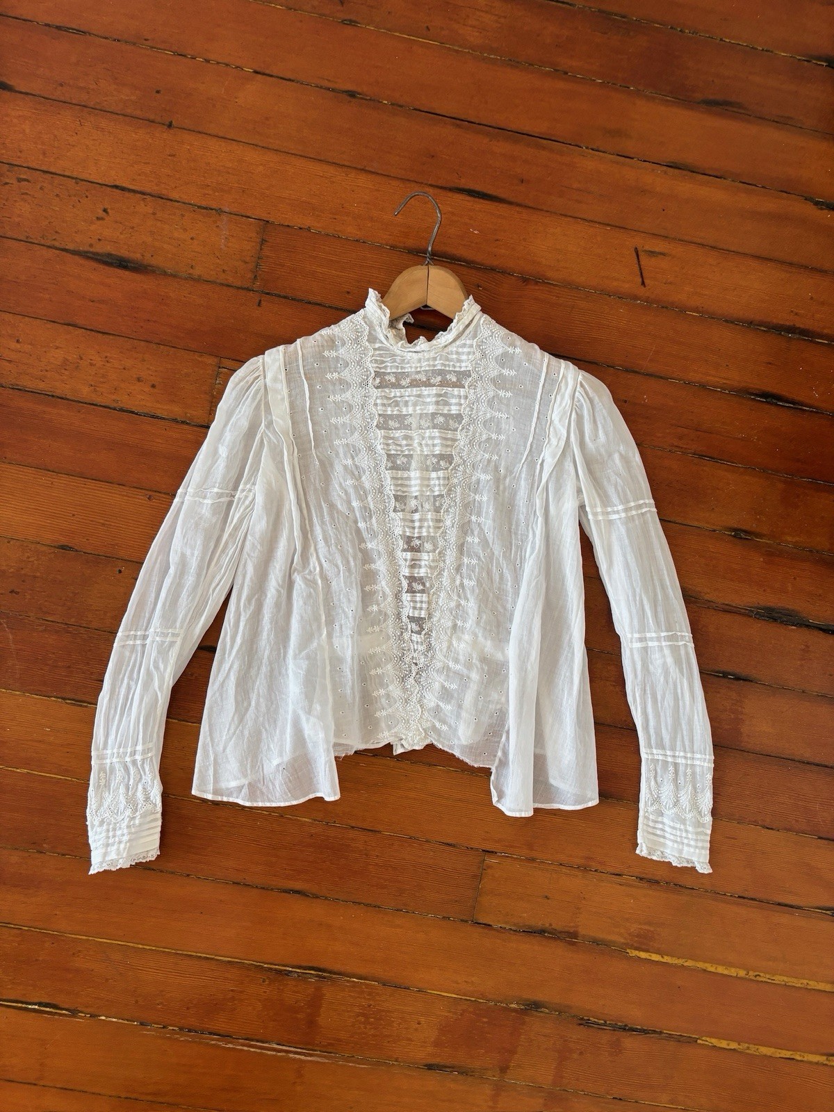 Antique Edwardian Sheer White Cotton Voile Bodice/Blouse Embroidered Lace XS S
