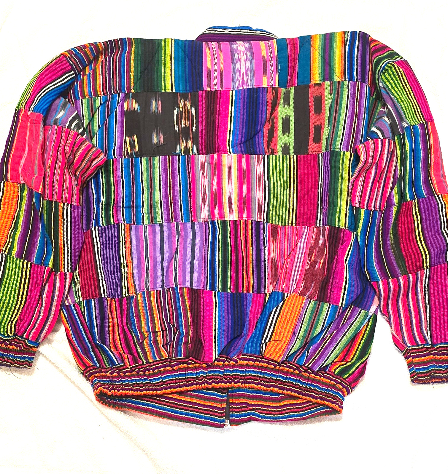 Huipil Strip Guatemala Hippie Patchwork Festival Woven Zip Bomber Jacket VTG 90s