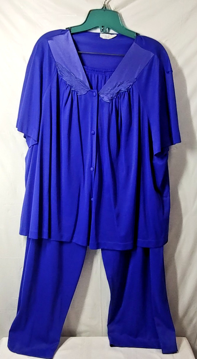 Vassarette Pajama Set & Robe XXXL Peignoir Blue 3 pc Embroidery Loose Fitting 3X