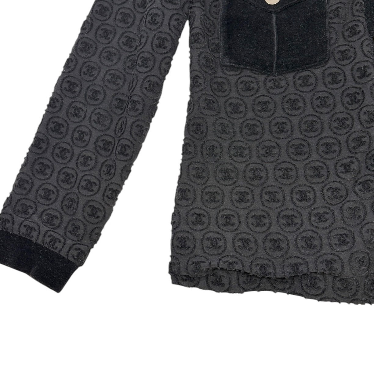 CHANEL Vintage P41364 CC Logo Button Velour Knit Cardigan Jacket #34 Black