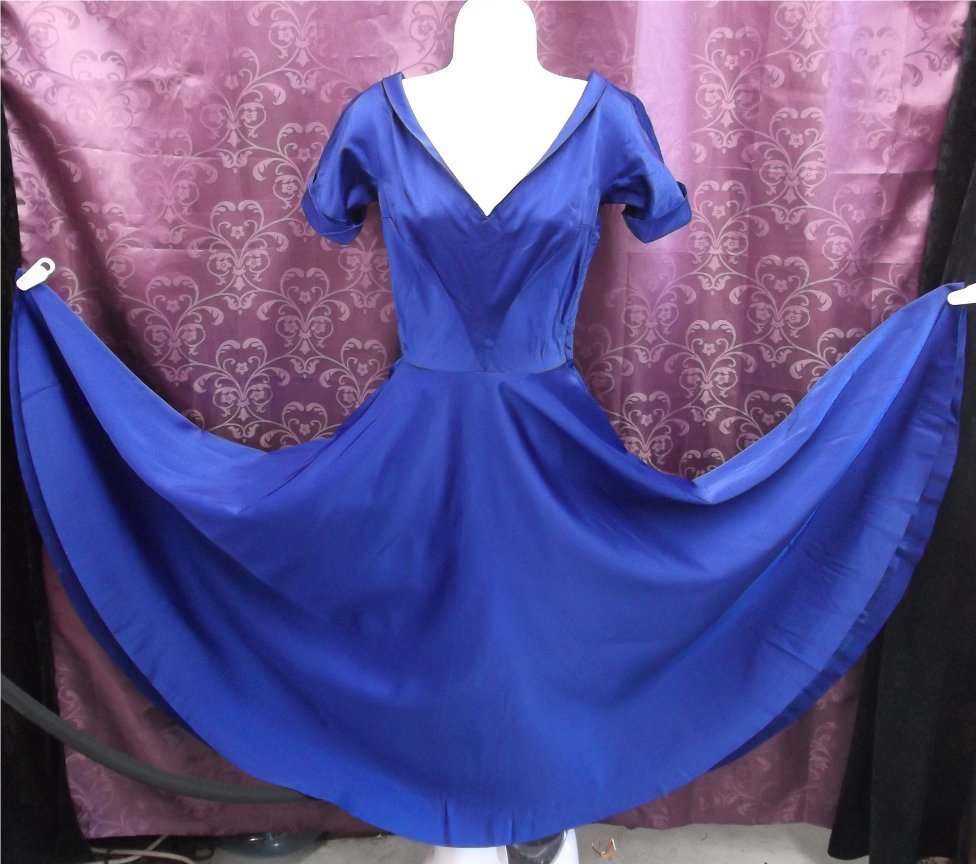 Royal Blue Satin 40s Frank Starr Orig XS Ultra Full Circle Skirt Dress