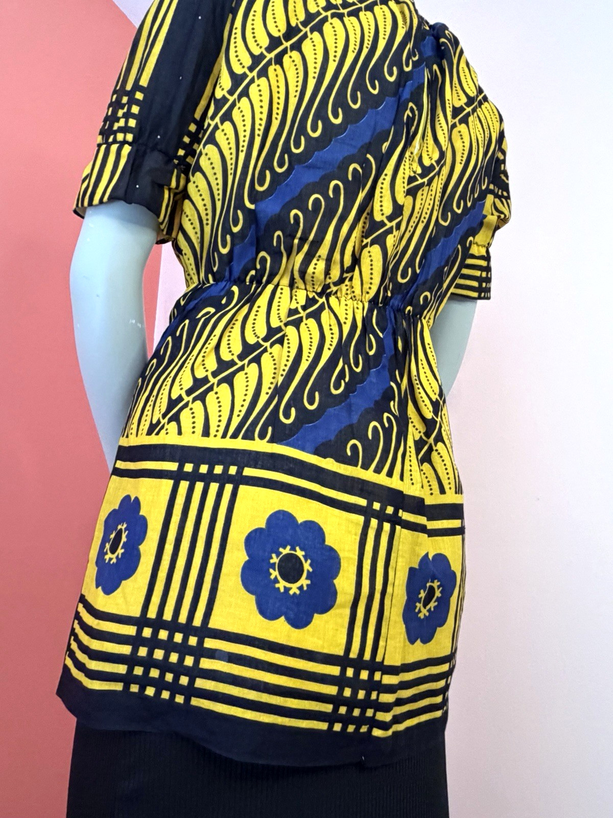VTG 60s 70s Mod Tunic Top Blue Yellow Floral Graphic Print Flower gogo hippie L