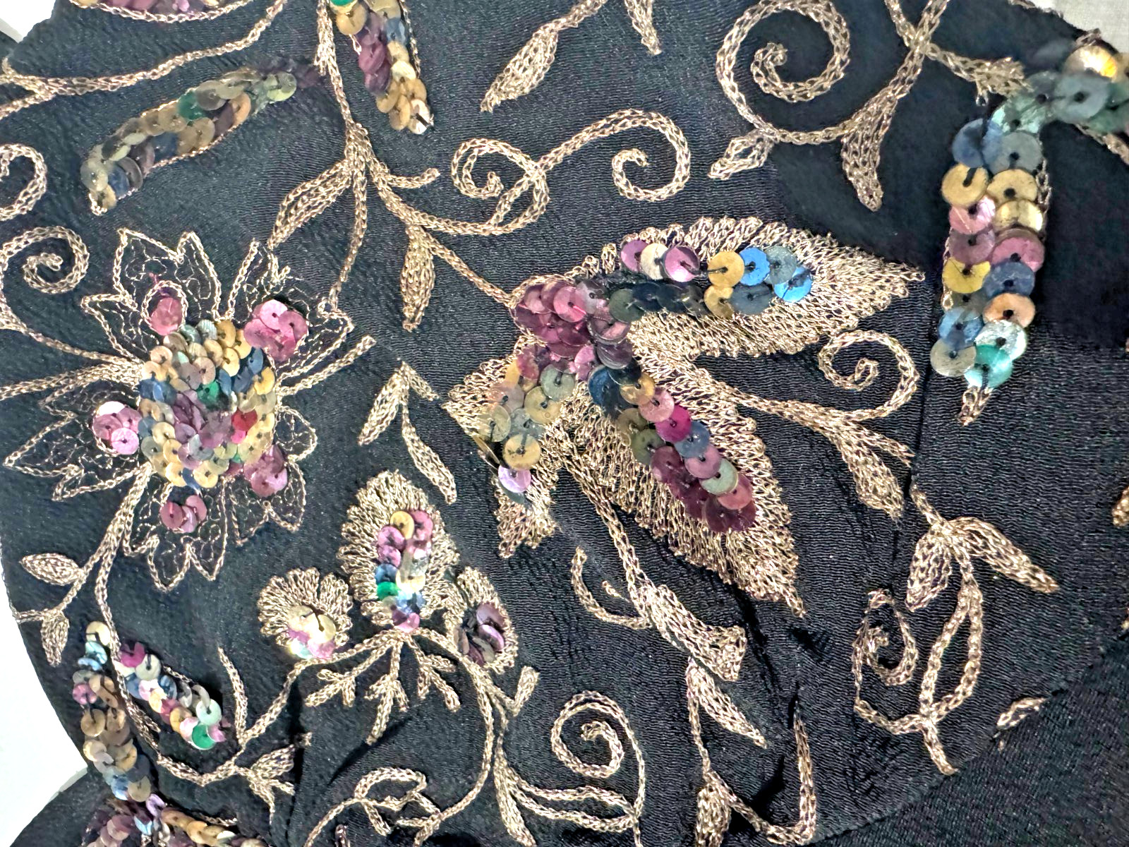Eisenberg Maxi Dress Jacket Sequin Embroidered Rayon 2PC Formal Black 1940s Sz S