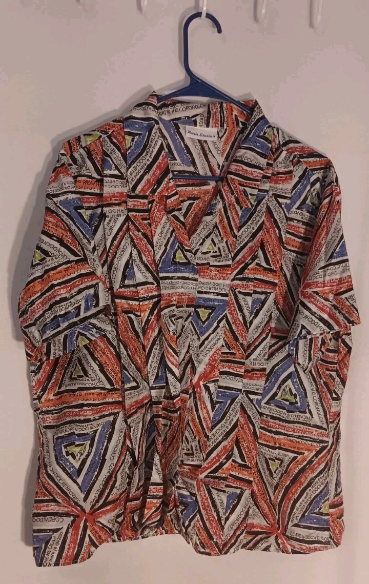 Vtg 80s Paris Station Abstract Art Blouse Primary Colors Geometric Single Stitch
