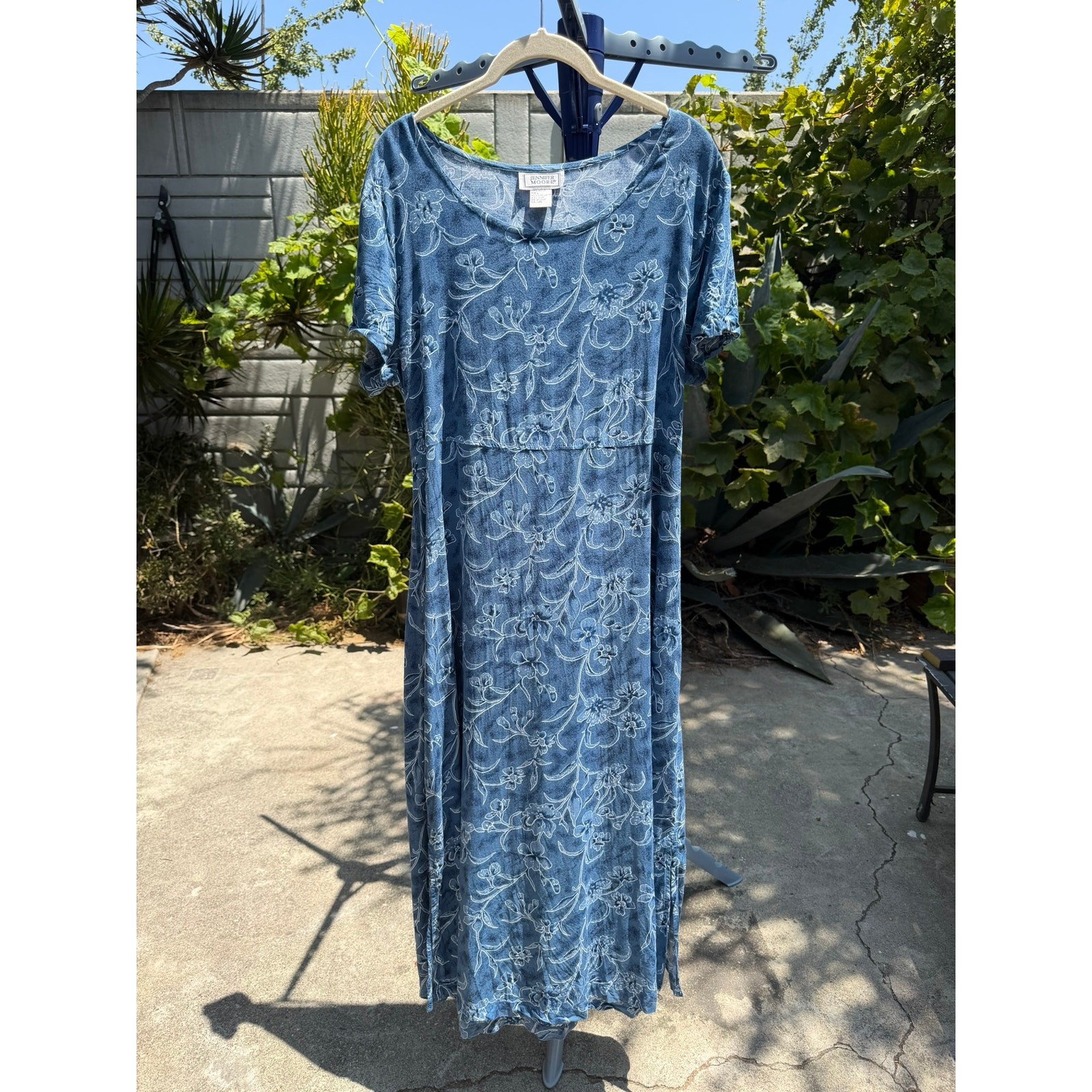 Vintage 90s Empire Waist Short Sleeve Dress Large Botanical Blue Jennifer Moore