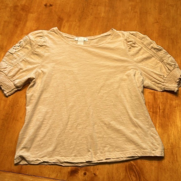 Design History Boho Romantic Beige Slub Cotton Crochet Lace Puff Sleeve Top