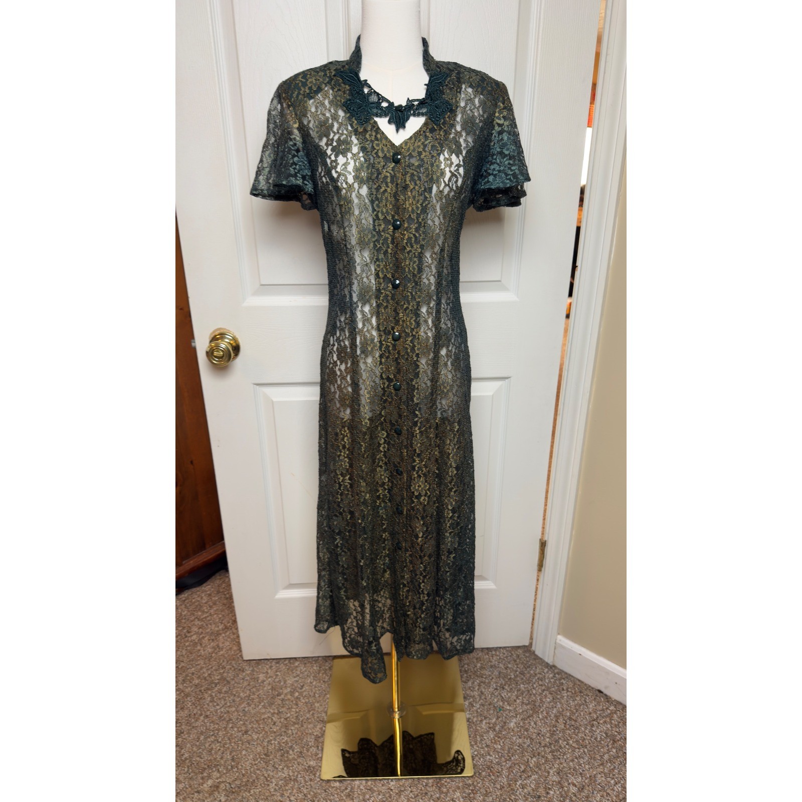 DBY Ltd VTG Y2K Green Gold Iridescent Lace Maxi Dress Button Front Sheer Duster