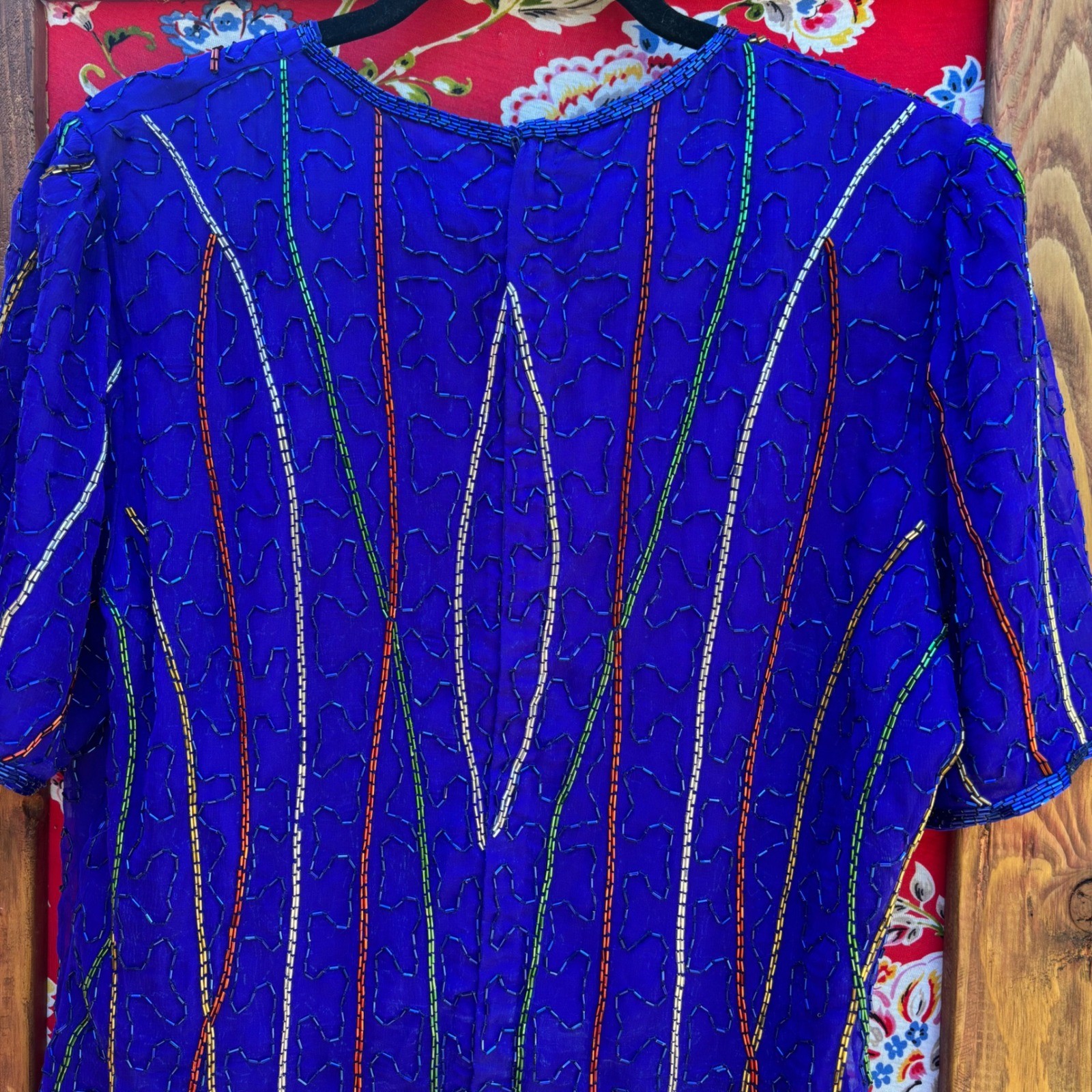 VTG 90&rsquo;s 100% Silk Blue Beaded Multicolor Boho Chic Glam Blouse Women&rsquo;s Size L