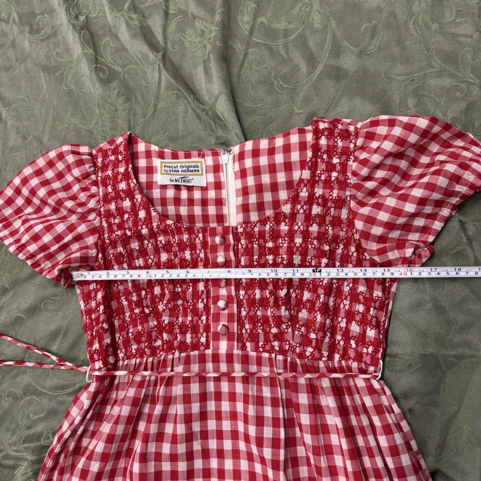 Vtg 60s Mr Mort Stan Herman Precut Originals Gingham Smocked Mini Dress Red XS S