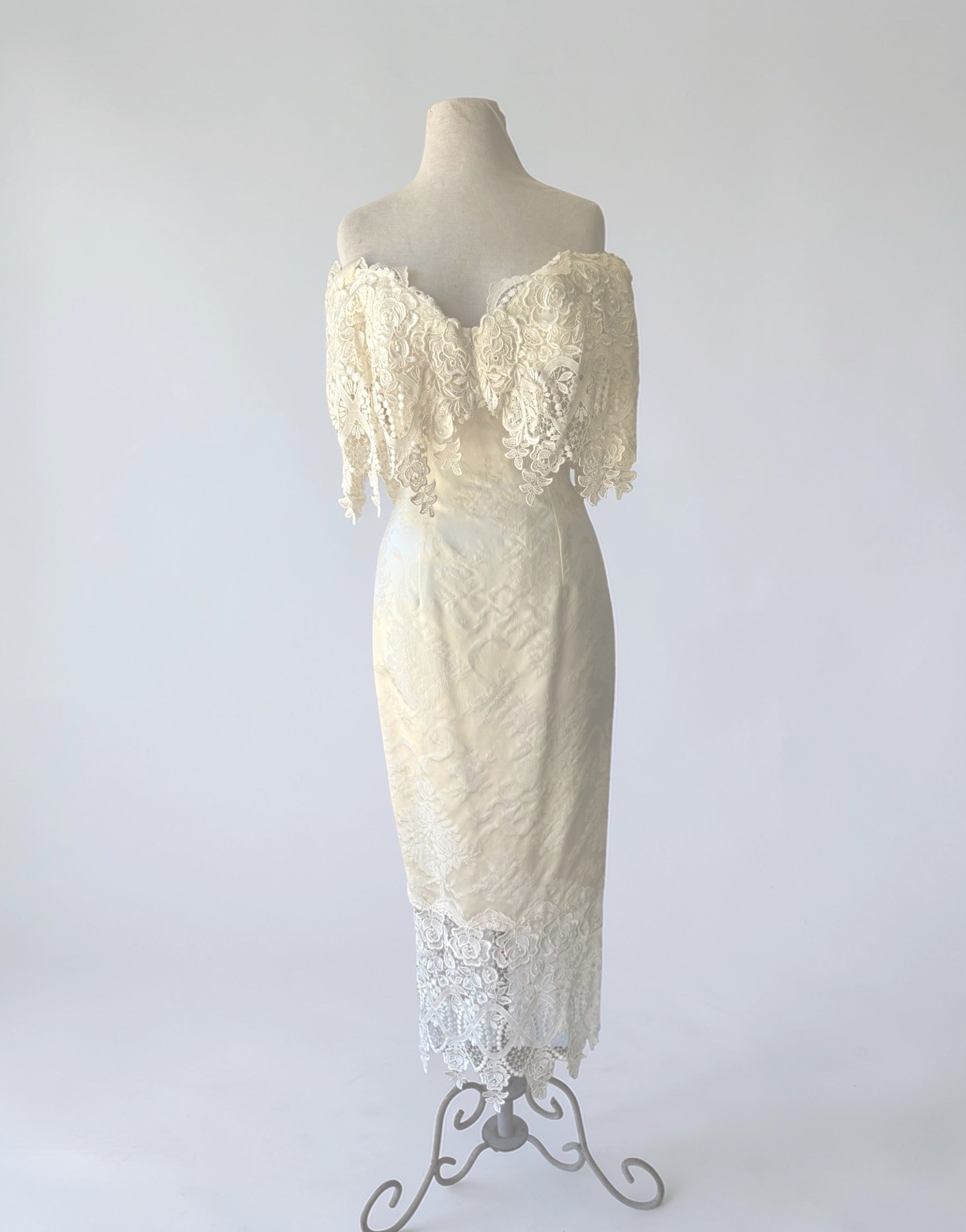 Vtg 80s JESSICA MCCLINTOCK Victorian Crochet Lace Wedding Brocade Off Shoulder 6