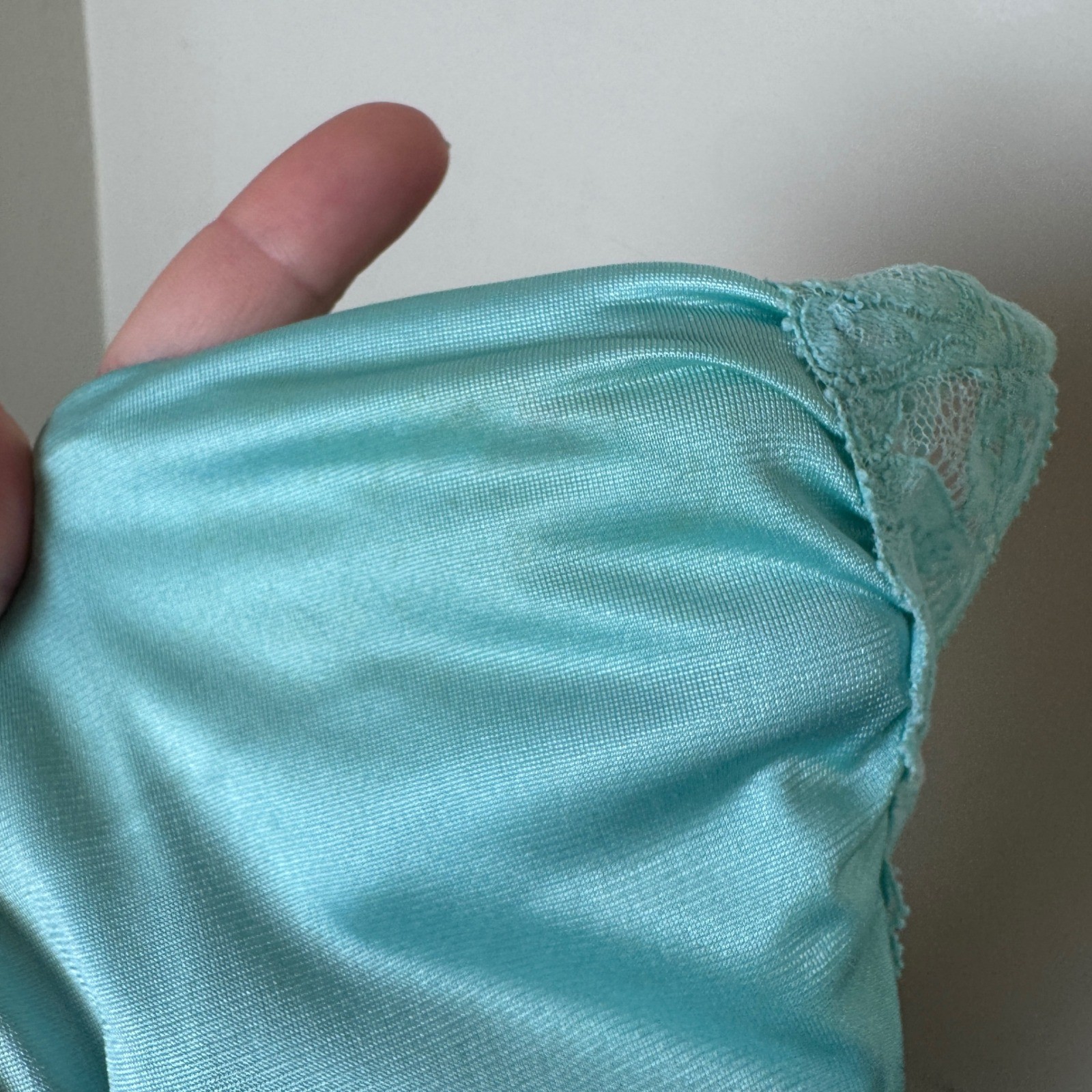 Vintage Vanity Fair Aqua Blue Nylon Nightgown Lace V-Neck XL Made in USA 70s