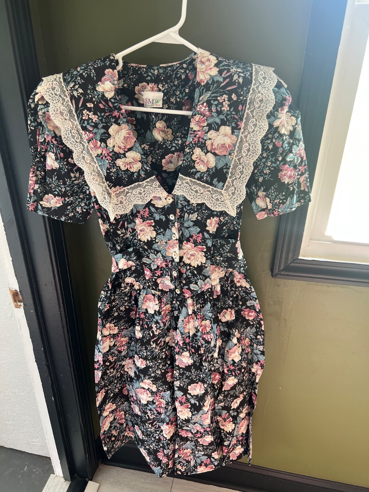 Vintage 80s Style My Way Floral Lace Trim Black Dress