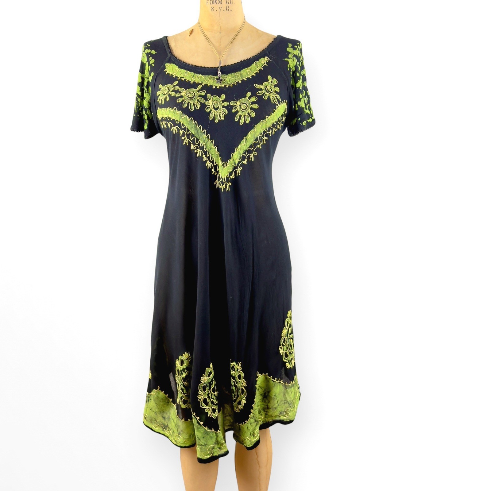 90s Embroidered Batik Midi Dress Umbrella Hem Cap Sleeve Rayon Hippie S M L XL