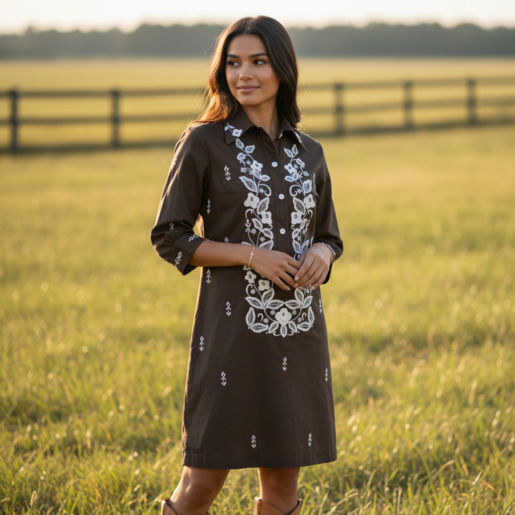 70s Tesoro’s Embroidered Brown Shift Dress Boho Western Floral Dagger Collar – S