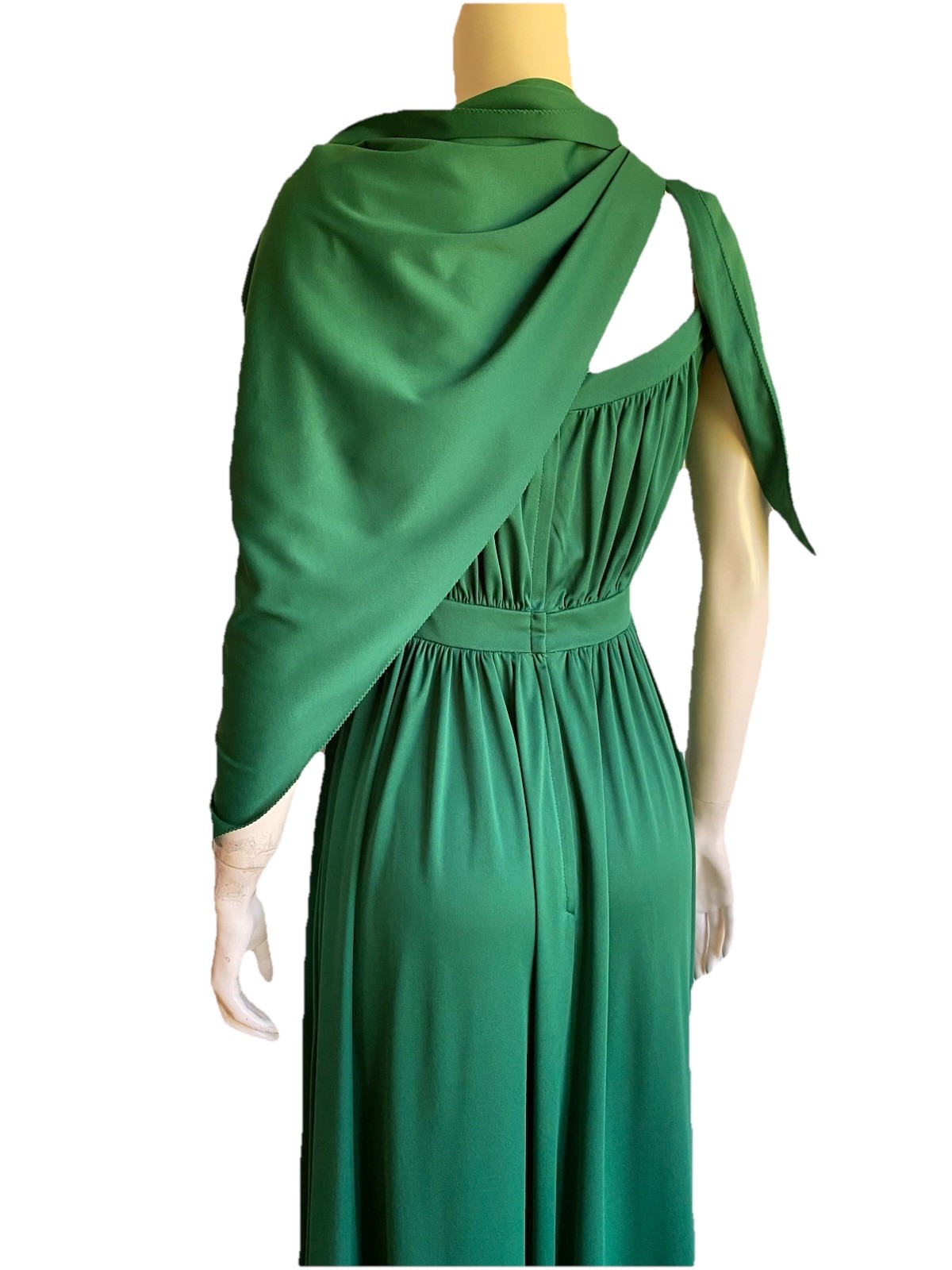 Vintage 70s GREEN Grecian Goddess Dress Maxi Roman Shawl Disco Gown 1970s