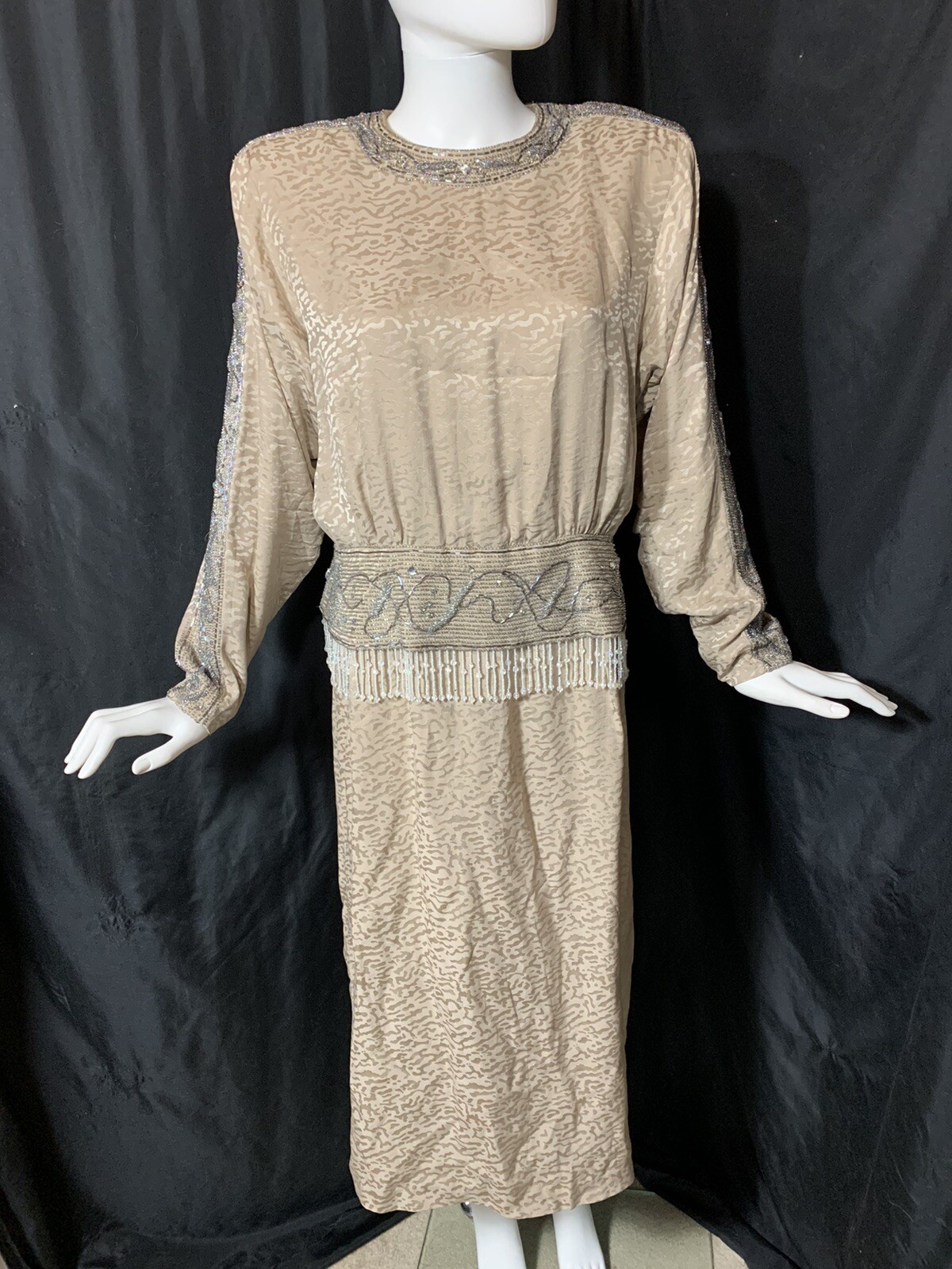 Vintage Heavy Beaded Dynasty Taupe Silk Dress Designer D&rsquo;ore Animal Print Sz 14