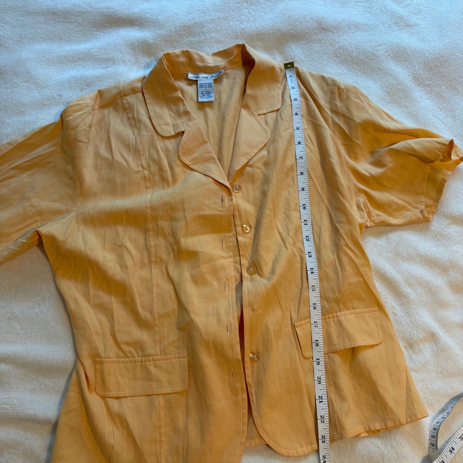 Anna & Frank Vintage 100% Silk Short Sleeve Button Up Shirt Orange Sz L Tie Back