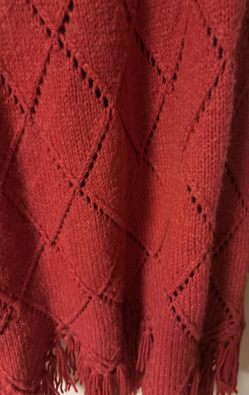 Vintage 1960-1970’s Red Hand Knit One Of A Kind Caplete With Fringe DiamondLace