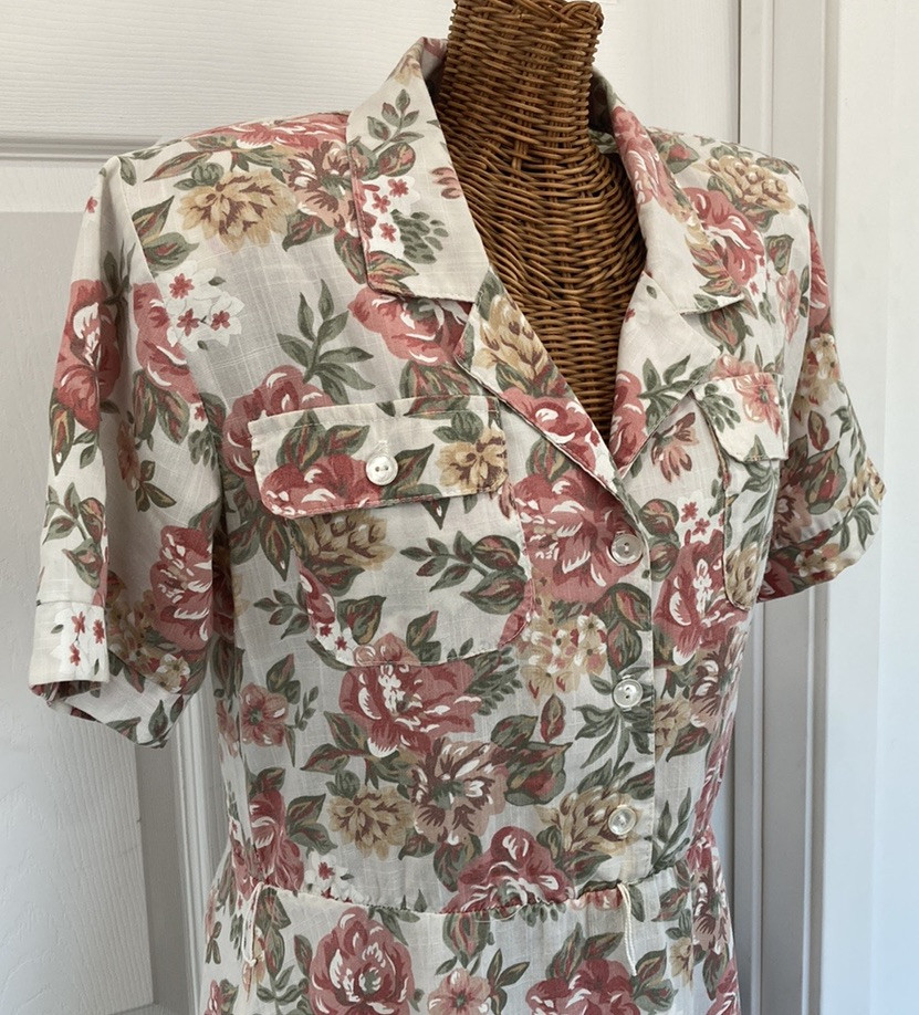 STUART ALAN Vintage 80s Cottagecore White & Pink Floral Dress, Shoulder Pads