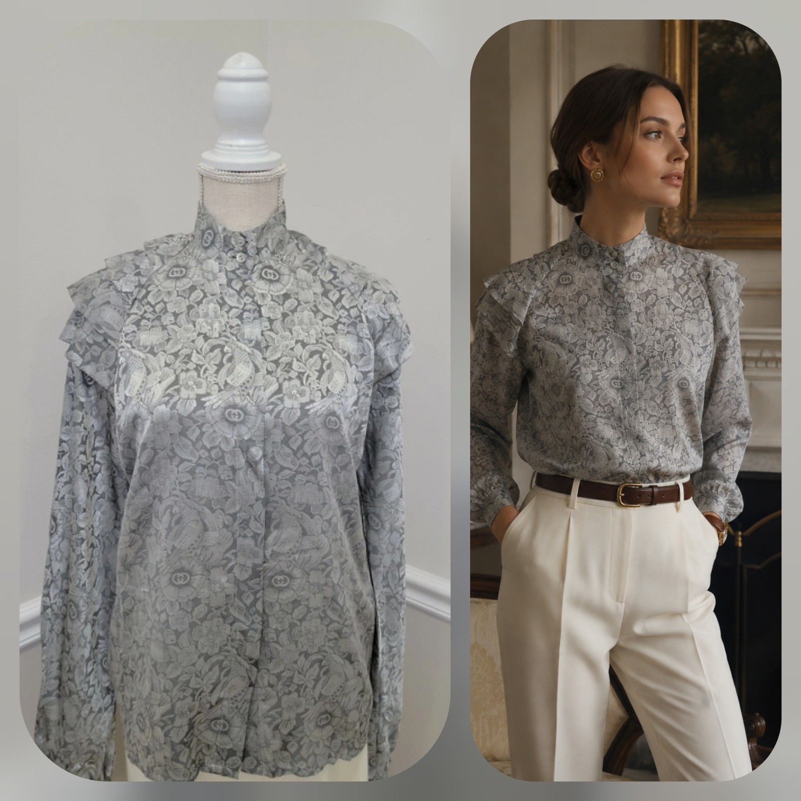 VTG Gucci Silk Floral Parrot GG Monogram Ruffle Blouse IT 44 Made In Italy