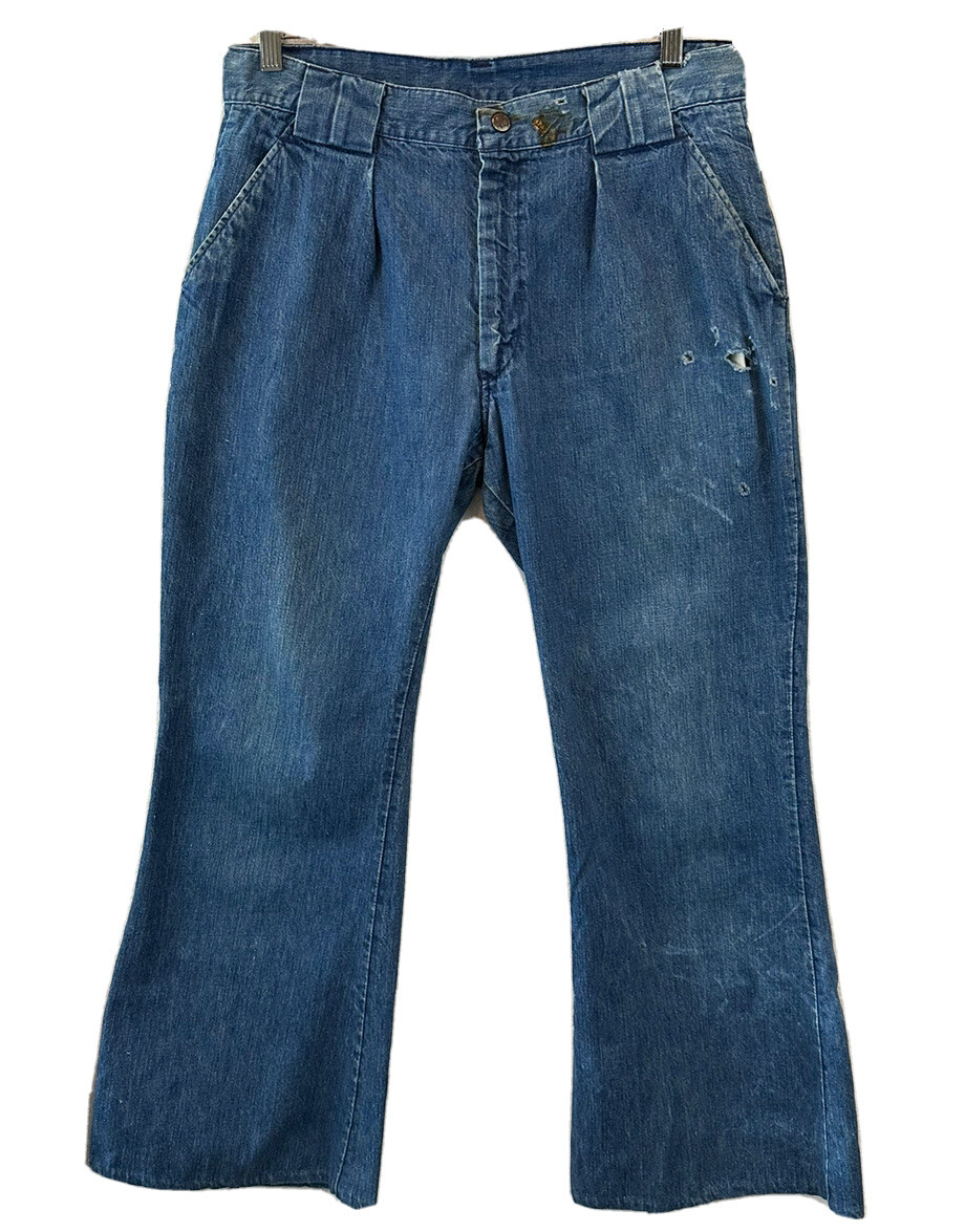 Vintage 70s Womens Thrashed Denim Flare Jeans Trouser Talon Pleated 32 x 28