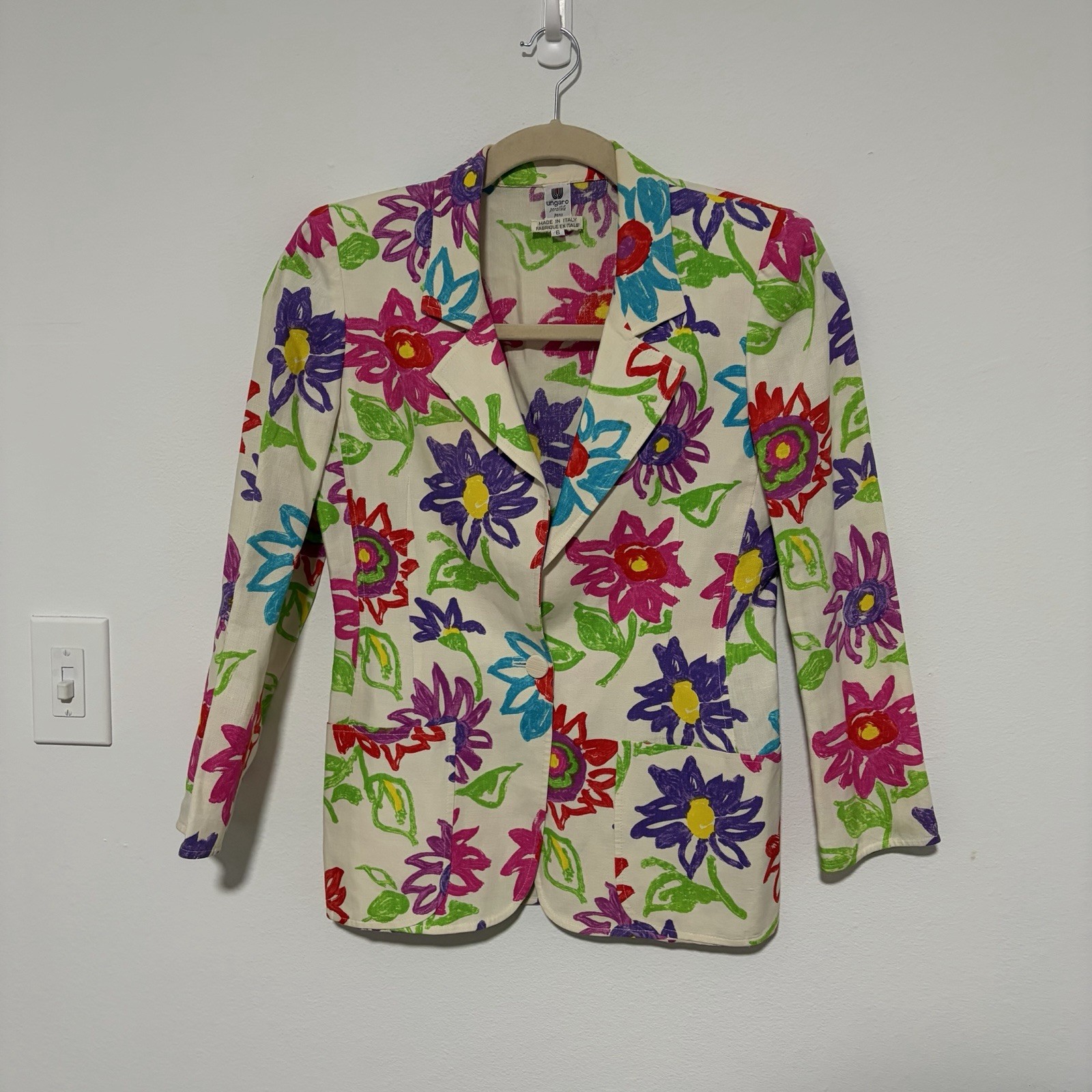 Vintage Emmanuel Ungaro Paris Linen Floral Blazer Size 6 Italy Made Cream Flower
