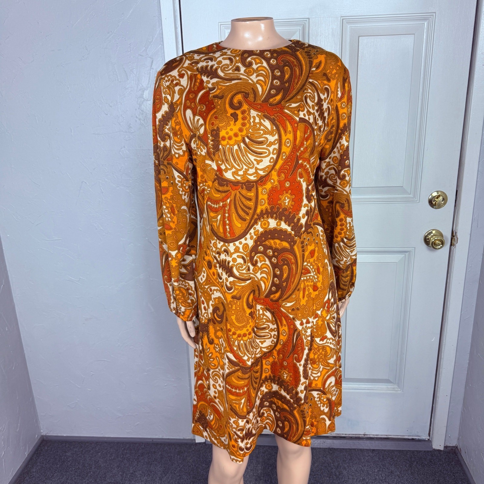 Vintage 70s Unbranded Women&rsquo;s Dress Wool Paisley Mod Retro Long sleeve L3-20
