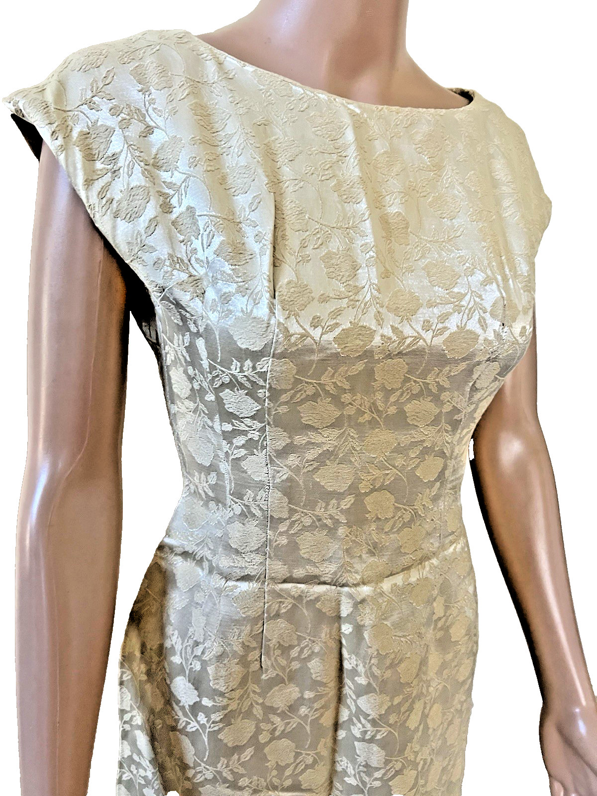 VTG 50s 2 Pc Fur Collar Crop Jacket & Ivory Damask Pencil Dress Suit Set Small**
