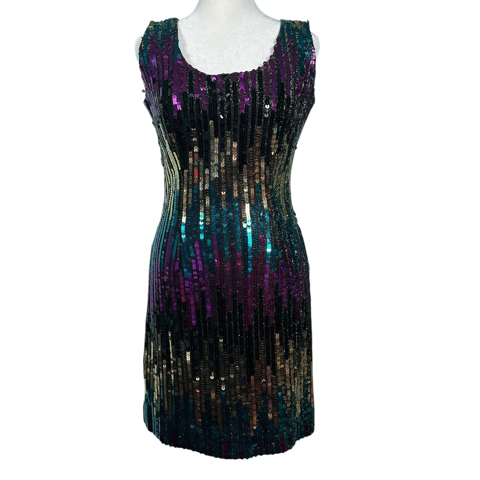 Vintage Alyce 1980s Sequin Mini Party Cocktail Dress Purple Green Gold Sz Med/10