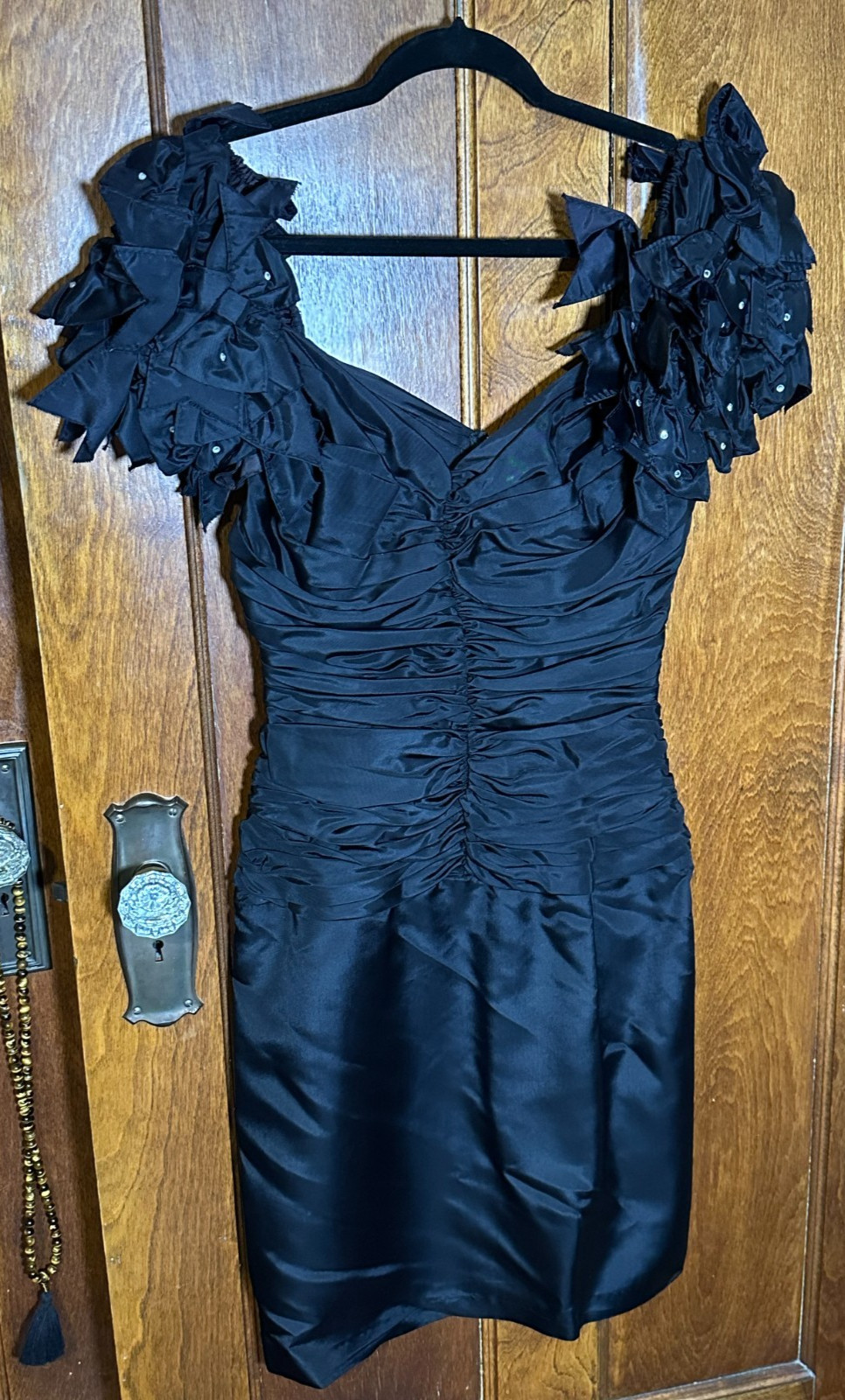 Vtg 80s NOTORIOUS Black Ruched Cocktail Dress Rhinestone Bow Sleeve