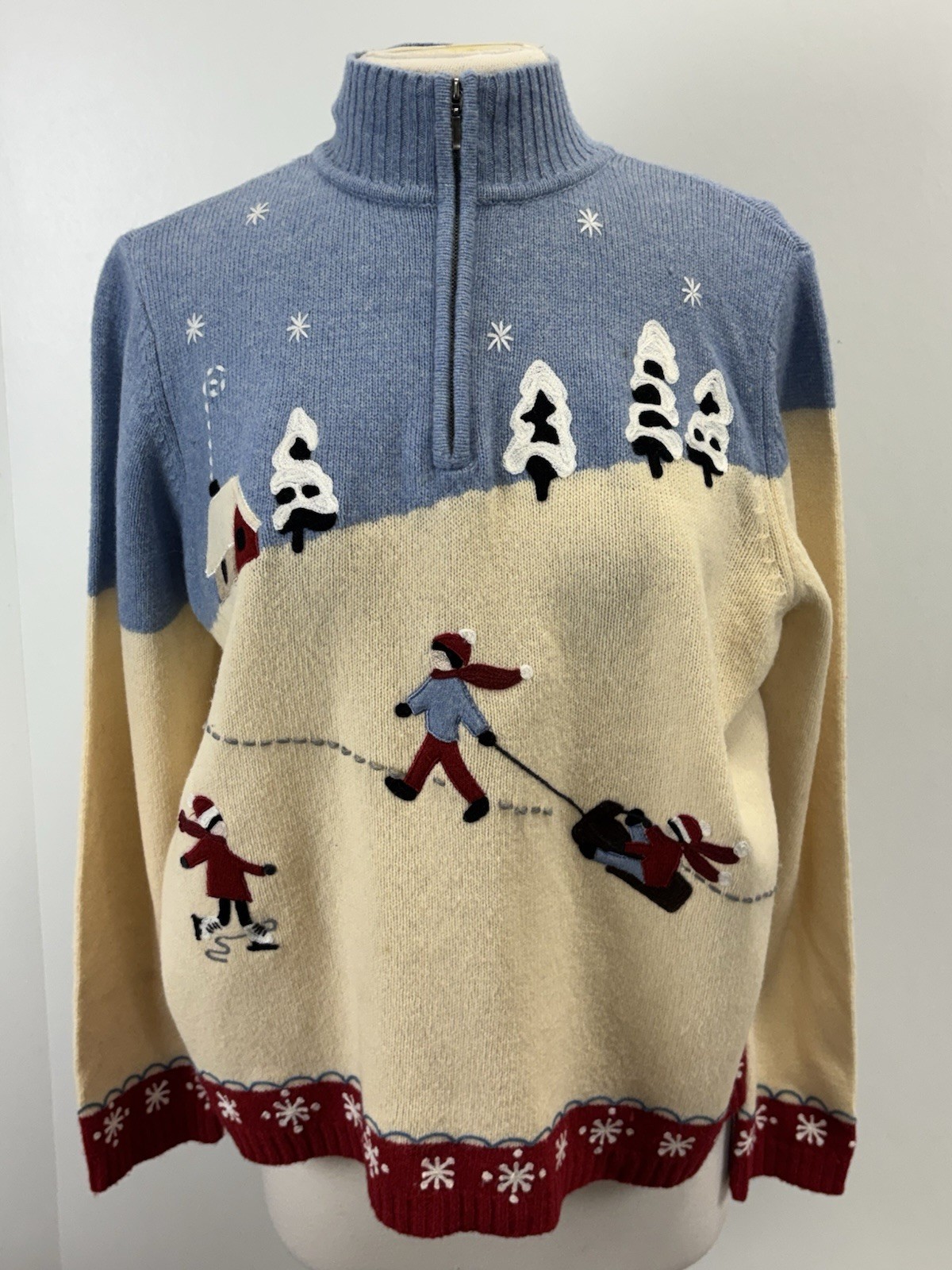 Vtg Charter Club 100% Lambswool Sweater Women’s L 1/4 Zip Holiday Snow Scene 90s