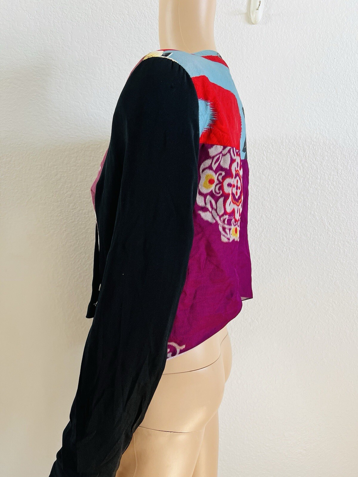 VTG Rebel Smith USA Silk* Open Jacket Floral Art Top Gemstone Accents M/L* OOAK
