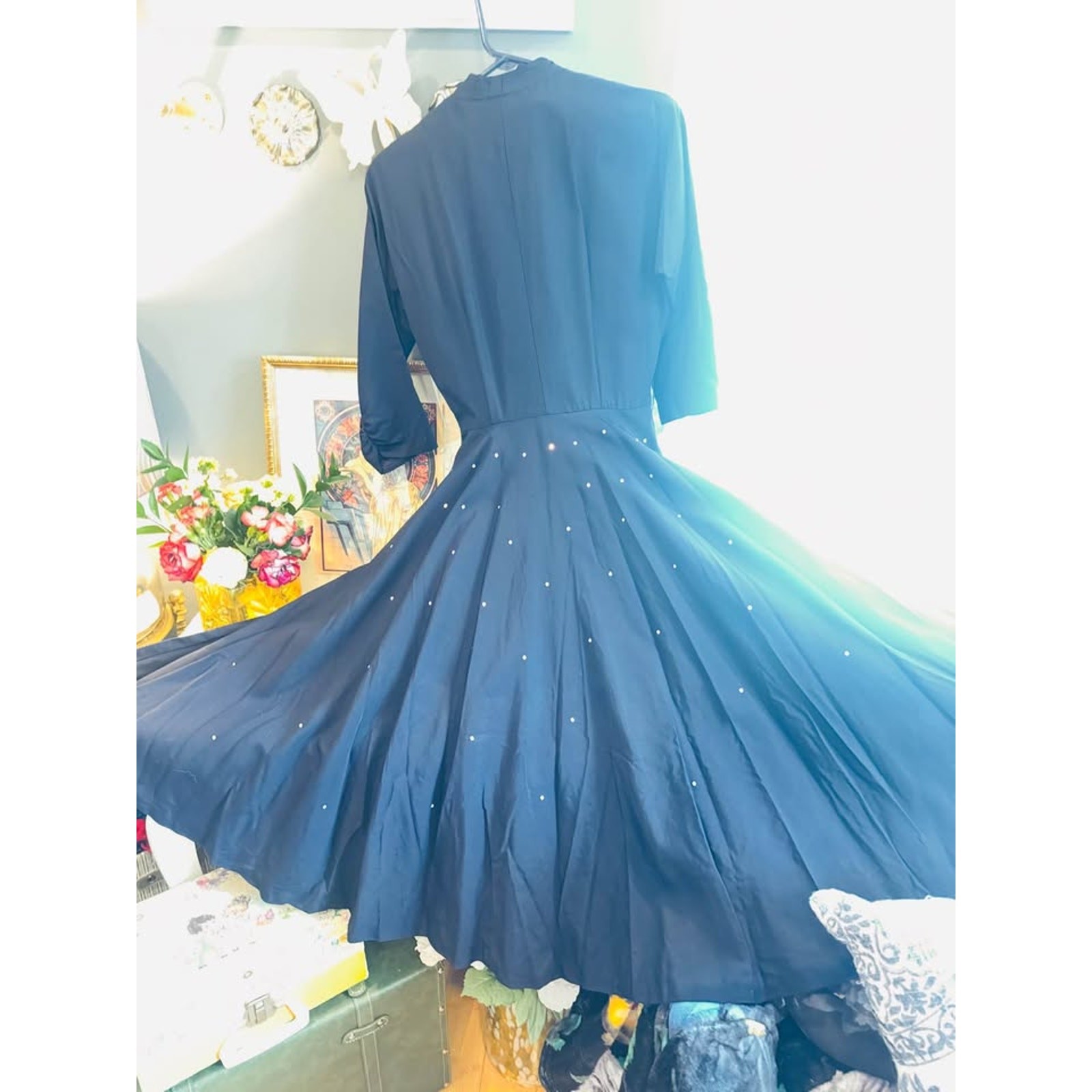 ✨ Vintage Town & Country Club Dresses 1950s Navy Rhinestone Full Sweep Dress ✨