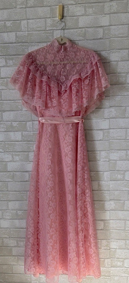 Vintage 1970s Union Made Pink Prairie Lace Ruffle Maxi Dress Size MED/LRG